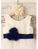 Cotton Polka Dots Tulle  with Navy Blue Flower Belt Flower Girl Dress